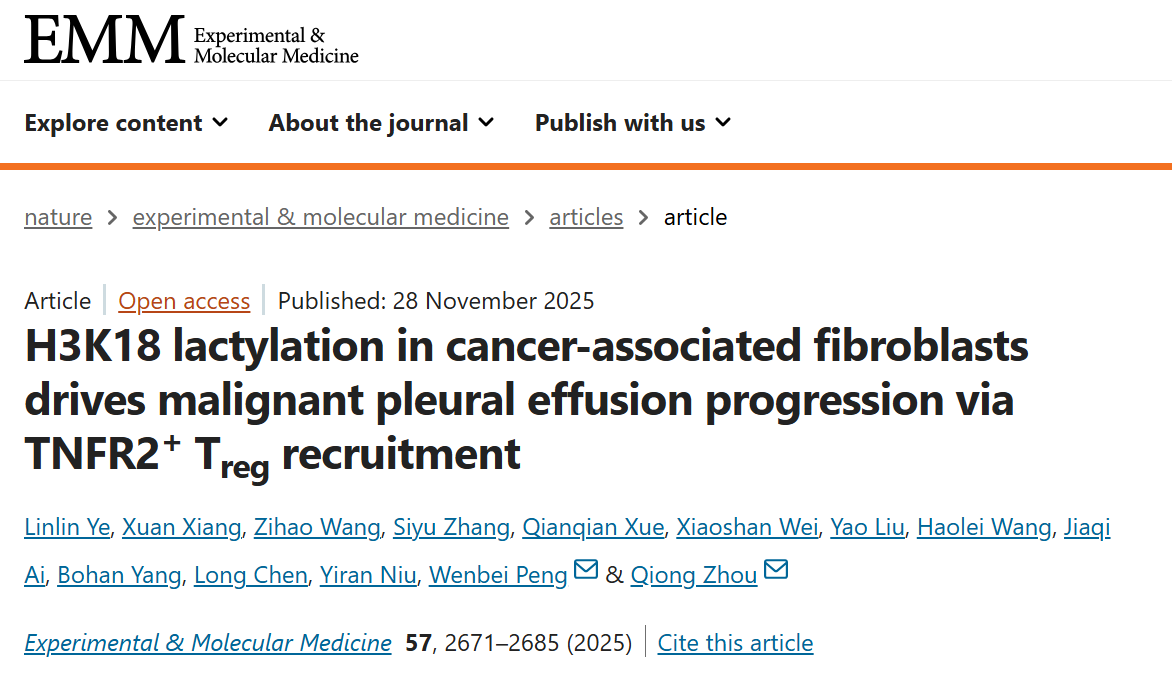 通过TNFR2+ Treg细胞的募集，CAFs细胞H3K18乳酸化促进恶性胸腔积液的进展